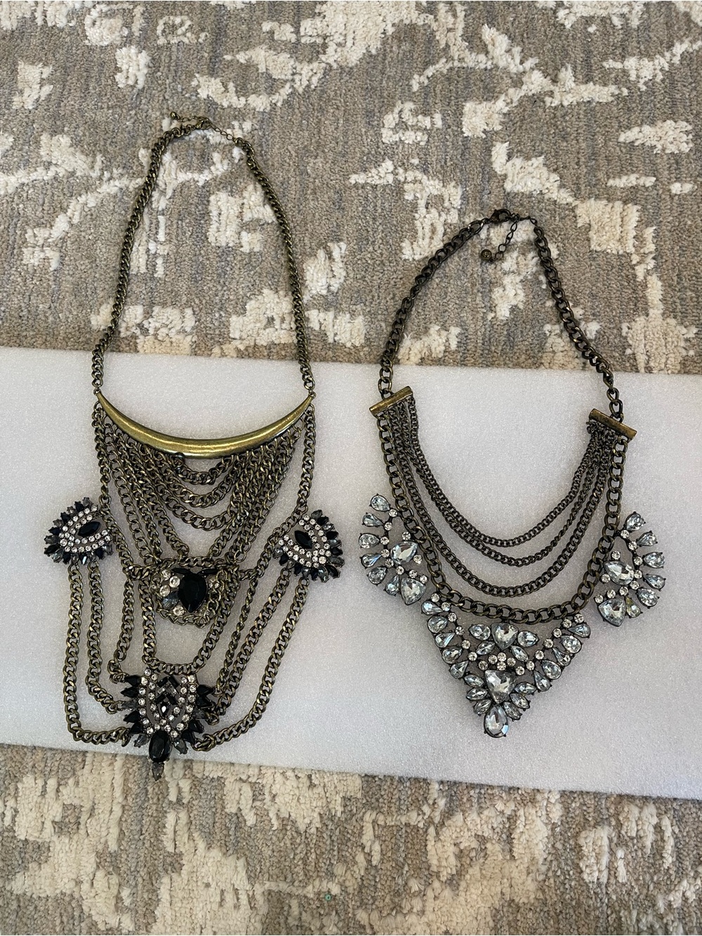Women's Layered Gunmetal Statement Necklace with Black and Clear Crystals